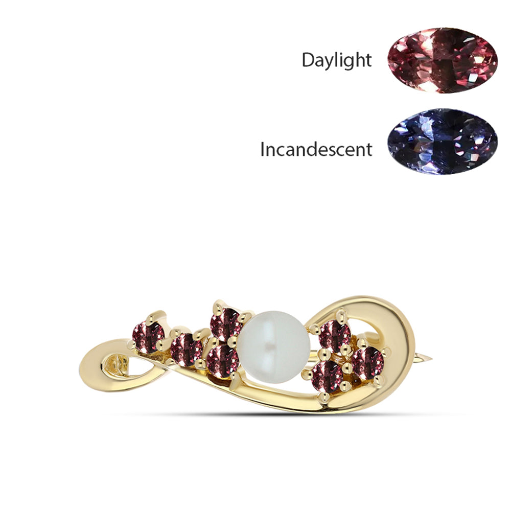 Alfinete de Prata com Banho de Ouro com Granada Furta-cor de Tsivory e Pérola de Água Doce Branca