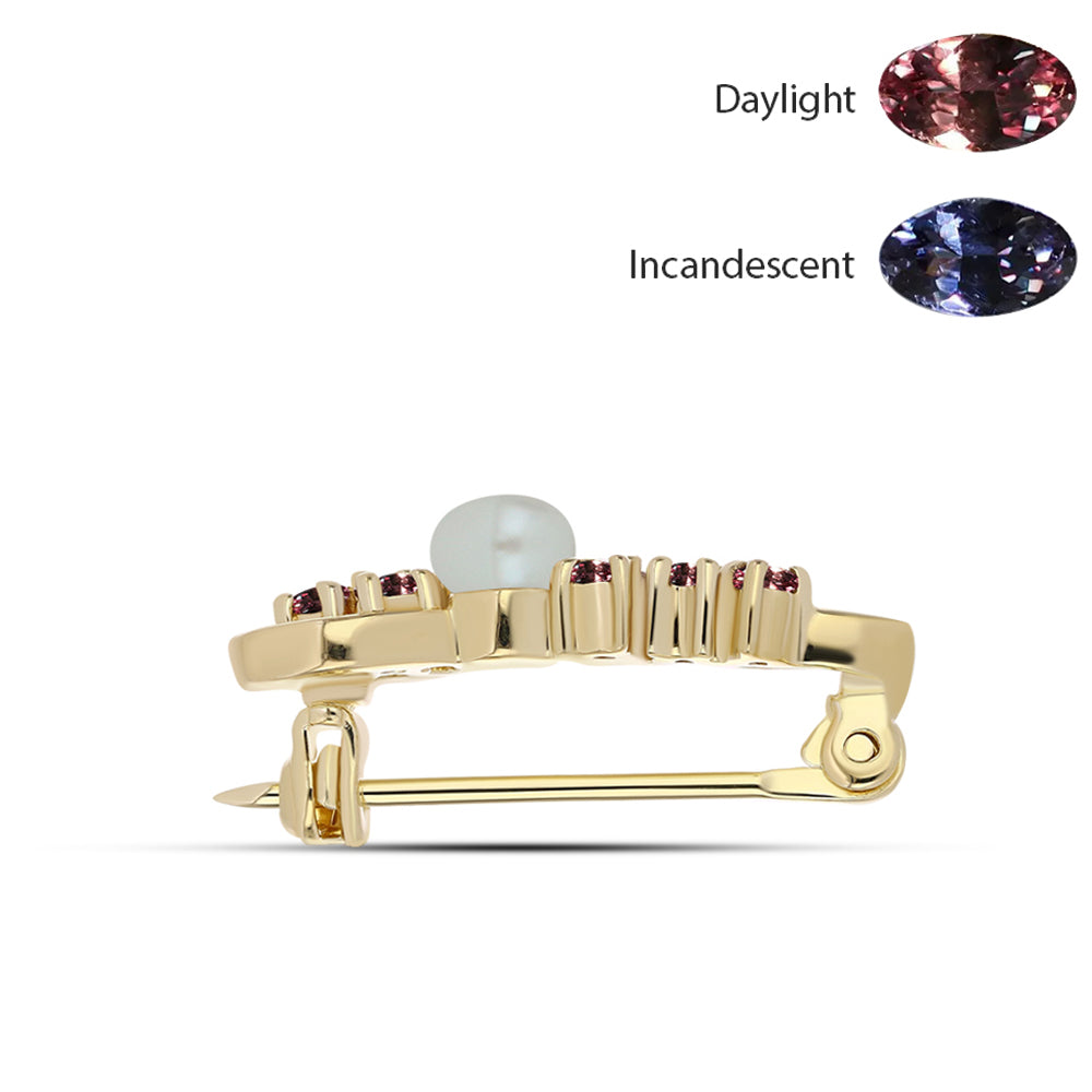 Alfinete de Prata com Banho de Ouro com Granada Furta-cor de Tsivory e Pérola de Água Doce Branca 2 