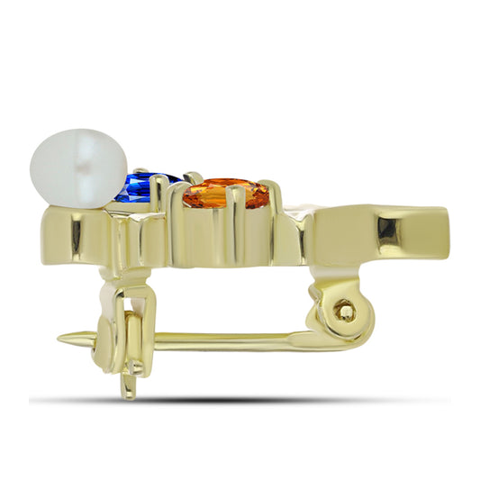 Alfinete de Prata com Banho de Ouro com Safira Arco-íris e Pérola Branca de Água Doce