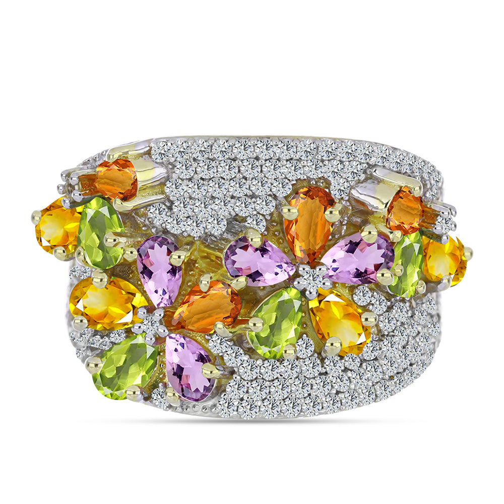 Anel de Prata com Banho de Ouro com Safira Arco-íris e Topázio Branco  Contraste: Cabeca de Veado (800)