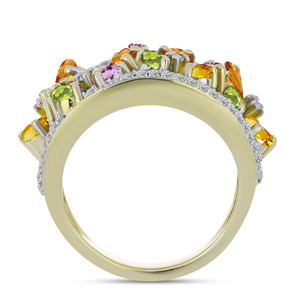 Anel de Prata com Banho de Ouro com Safira Arco-íris e Topázio Branco  Contraste: Cabeca de Veado (800)