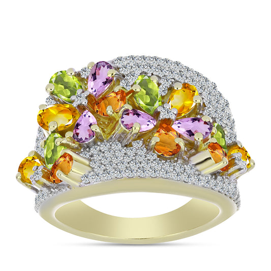 Anel de Prata com Banho de Ouro com Safira Arco-íris e Topázio Branco  Contraste: Cabeca de Veado (800)