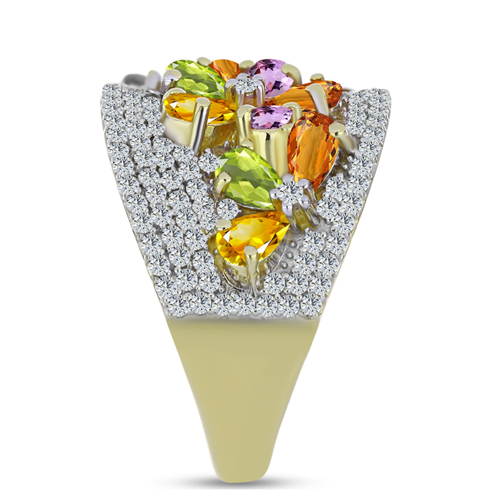 Anel de Prata com Banho de Ouro com Safira Arco-íris e Topázio Branco  Contraste: Cabeca de Veado (800)