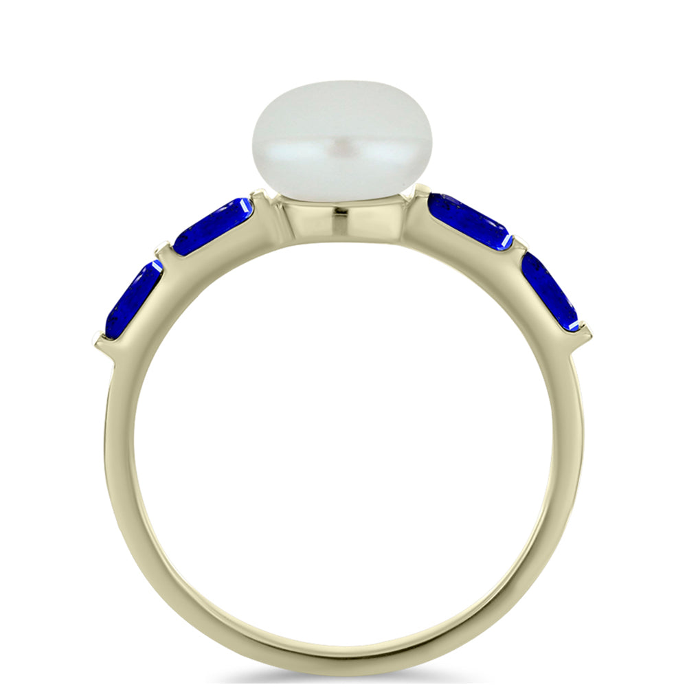 Anel de Prata com Banho de Ouro com Lápis-lazúli e Pérola Branca de Água Doce