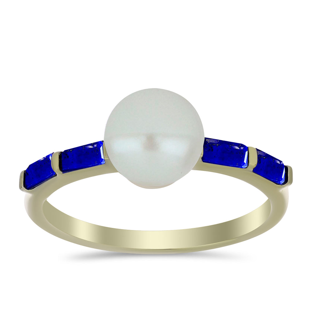Anel de Prata com Banho de Ouro com Lápis-lazúli e Pérola Branca de Água Doce 1 