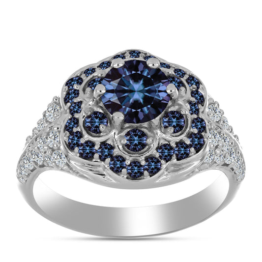 Anel de Prata com Moissanite "Púrpura Imperial" e Topázio Branco  Contraste: Cabeca de Veado (800)