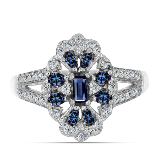 Anel de Prata com Moissanite "Púrpura Imperial" e Topázio Branco  Contraste: Cabeca de Veado (800)