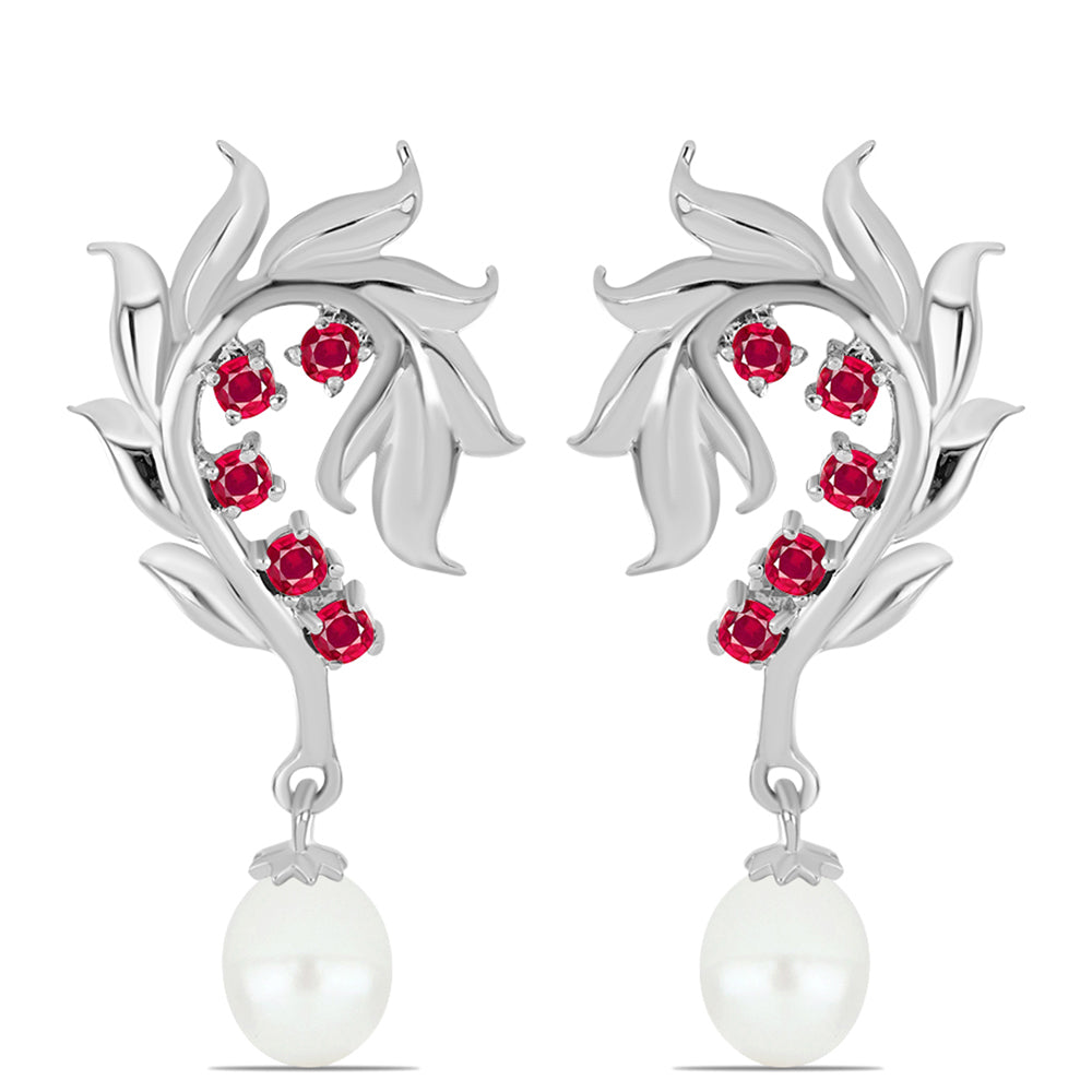 Brincos de Prata com Rubi de Madagáscar e Pérola de Água Doce Branca 1 