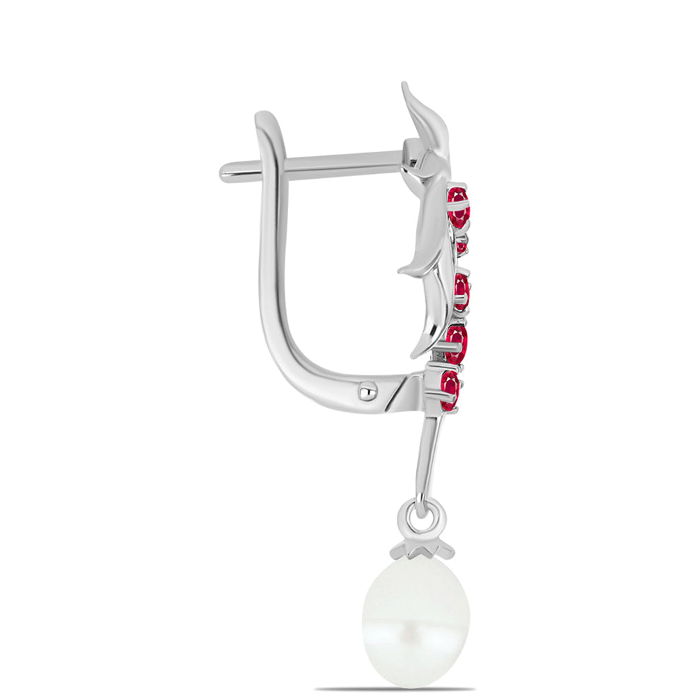 Brincos de Prata com Rubi de Madagáscar e Pérola de Água Doce Branca