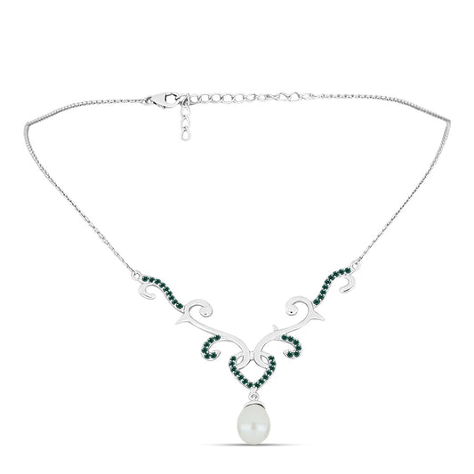 Colar de Prata com Moissanite Azul Mar Esverdeado e Pérola de Água Doce Branca  Contraste: Cabeca de Veado (800)