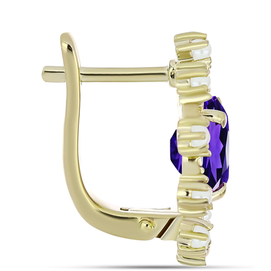 Brincos de Prata com Banho de Ouro com Ametista de Marrocos e Pérola de Água Doce Branca