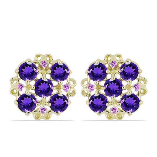 Brincos de Prata com Banho de Ouro com Ametista de Marrocos e Ametista do Brasil