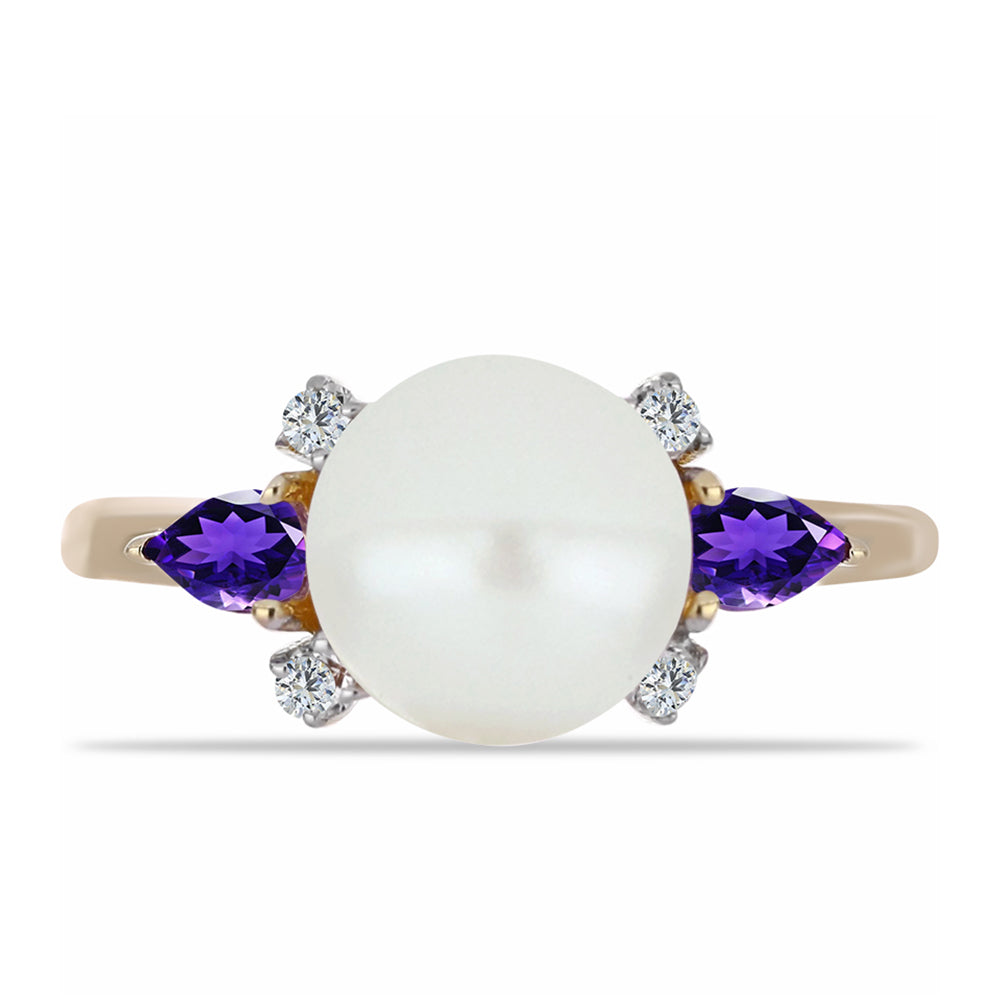 Anel de Prata com Banho de Ouro com Ametista de Marrocos e Pérola de Água Doce Branca 1 