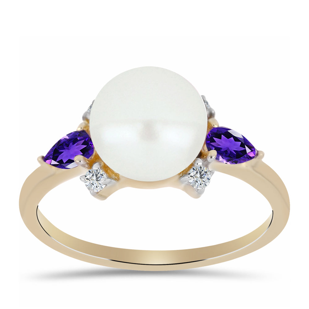 Anel de Prata com Banho de Ouro com Ametista de Marrocos e Pérola de Água Doce Branca