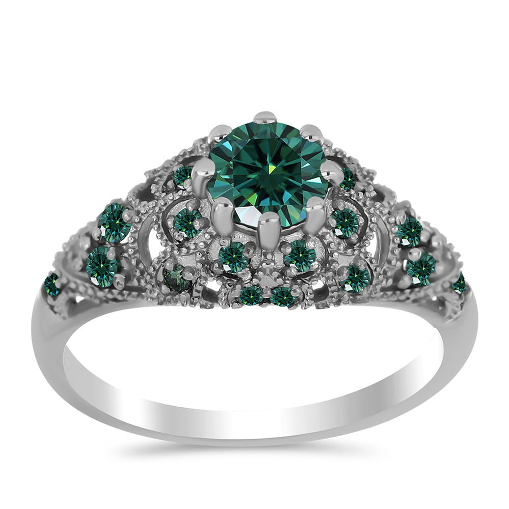 Anel de Prata com Moissanite Azul Mar Esverdeado 3 