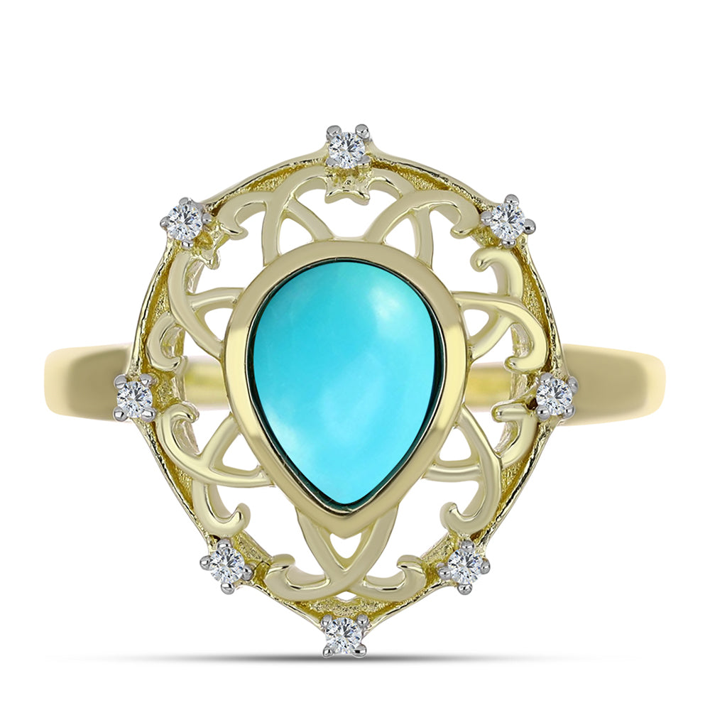 Anel de Prata com Banho de Ouro com Turquesa Bela Adormecida e Topázio Branco  Contraste: Cabeca de Veado (800)