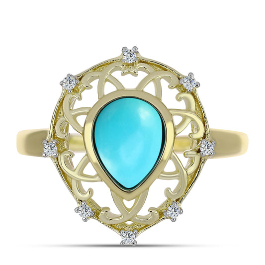 Anel de Prata com Banho de Ouro com Turquesa Bela Adormecida e Topázio Branco  Contraste: Cabeca de Veado (800)