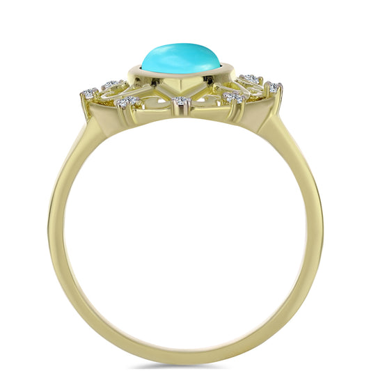 Anel de Prata com Banho de Ouro com Turquesa Bela Adormecida e Topázio Branco  Contraste: Cabeca de Veado (800)