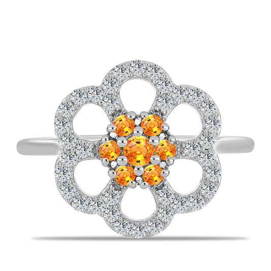 Anel de Prata com Safira Padparadscha e Topázio Branco  Contraste: Cabeca de Veado (800)