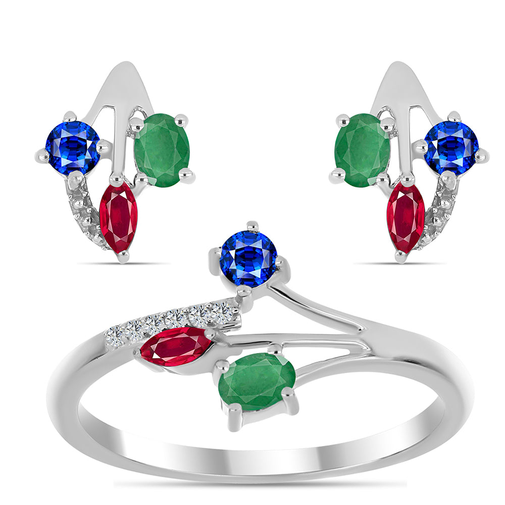 Conjunto de Prata com Rubi de Madagáscar e Esmeralda do Brasil ( Brincos+Anel )  Contraste: Cabeca de Veado (800) 1 