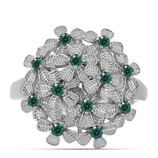 Anel de Prata com Moissanite Azul Mar Esverdeado  Contraste: Cabeca de Veado (800)