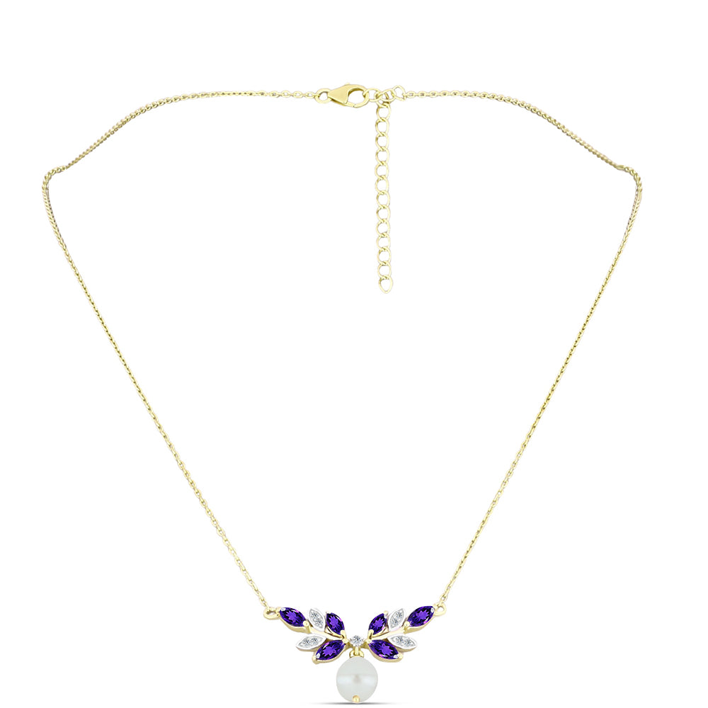 Colar de Prata com Banho de Ouro com Ametista de Marrocos e Pérola de Água Doce Branca  Contraste: Cabeca de Veado (800)