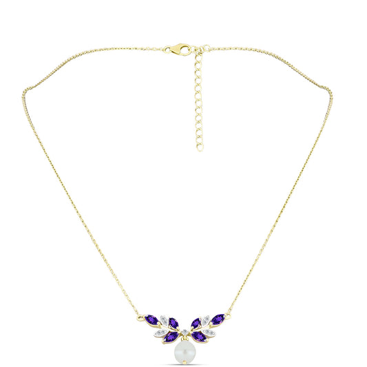 Colar de Prata com Banho de Ouro com Ametista de Marrocos e Pérola de Água Doce Branca  Contraste: Cabeca de Veado (800)