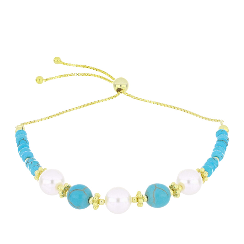 Pulseira de Prata com Banho de Ouro com Turquesa Bela Adormecida e Pérola de Água Doce Branca  Contraste: Cabeca de Veado (800) 1 