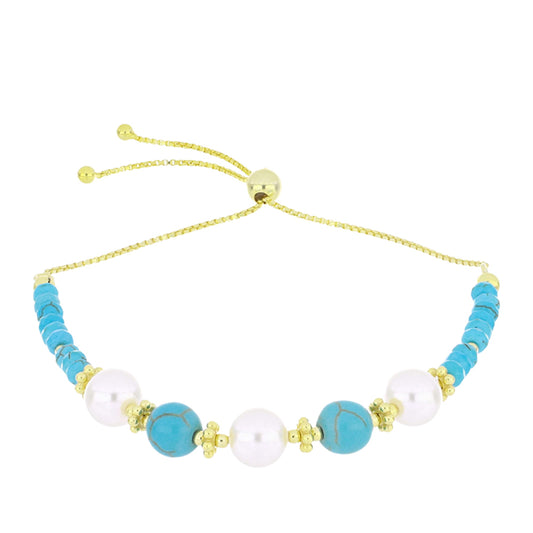 Pulseira de Prata com Banho de Ouro com Turquesa Bela Adormecida e Pérola de Água Doce Branca  Contraste: Cabeca de Veado (800)