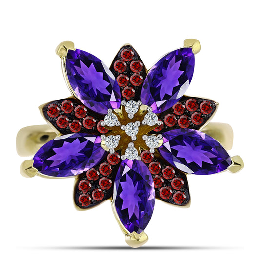 Anel de Prata com Banho de Ouro com Ametista de Marrocos e Granada de Barton  Contraste: Cabeca de Veado (800)