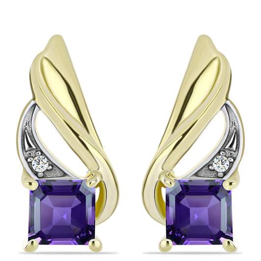 Brincos de Prata com Banho de Ouro com Ametista de Marrocos e Topázio Branco