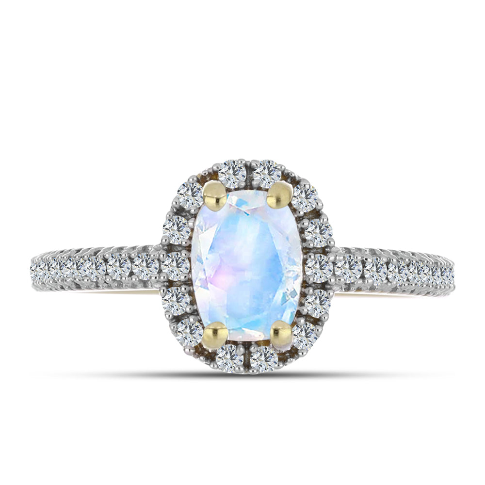 Anel de Prata com Banho de Ouro com Pedra da Lua Arco-íris e Topázio Branco 1 