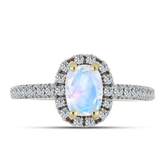 Anel de Prata com Banho de Ouro com Pedra da Lua Arco-íris e Topázio Branco