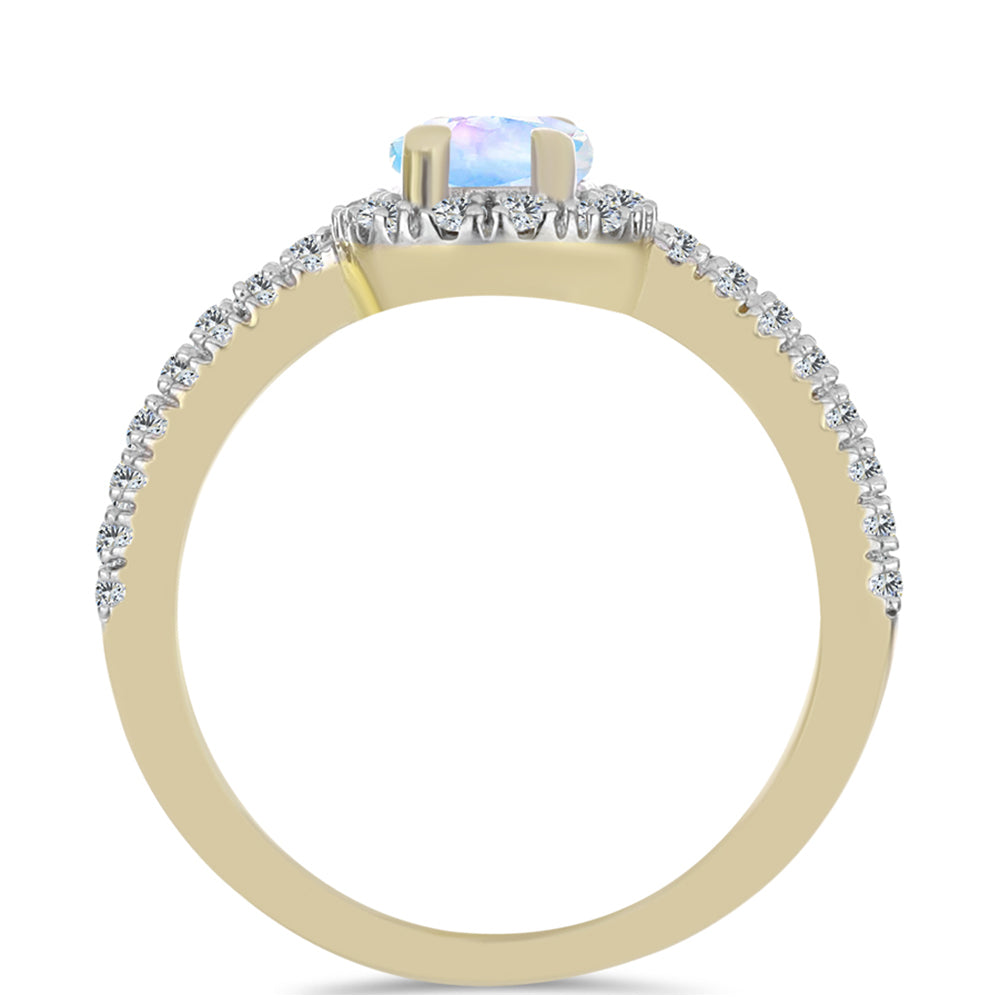 Anel de Prata com Banho de Ouro com Pedra da Lua Arco-íris e Topázio Branco 2 