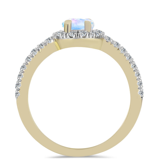 Anel de Prata com Banho de Ouro com Pedra da Lua Arco-íris e Topázio Branco