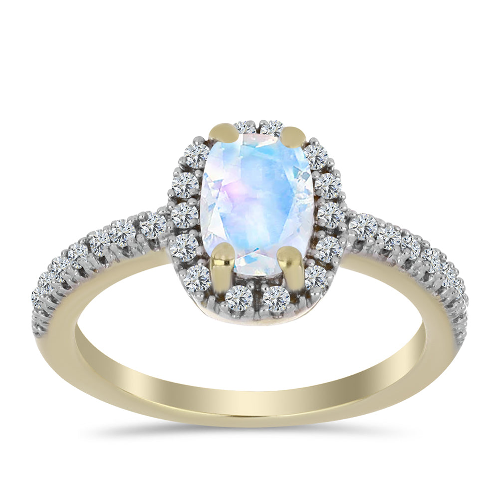 Anel de Prata com Banho de Ouro com Pedra da Lua Arco-íris e Topázio Branco 3 