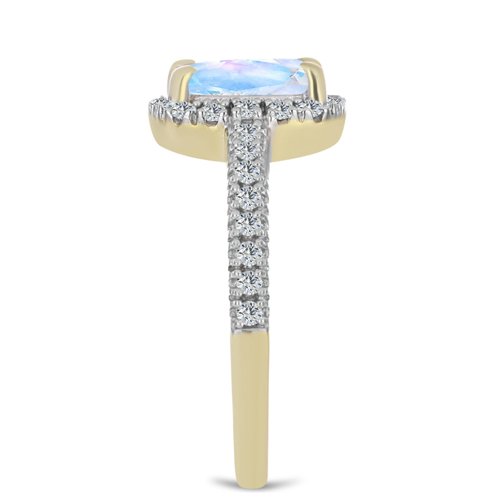 Anel de Prata com Banho de Ouro com Pedra da Lua Arco-íris e Topázio Branco 4 