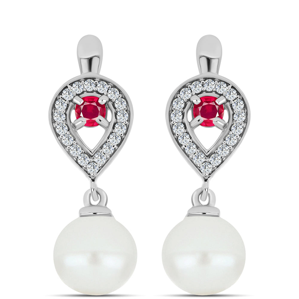 Brincos de Prata com Rubi de Madagáscar e Pérola de Água Doce Branca 1 