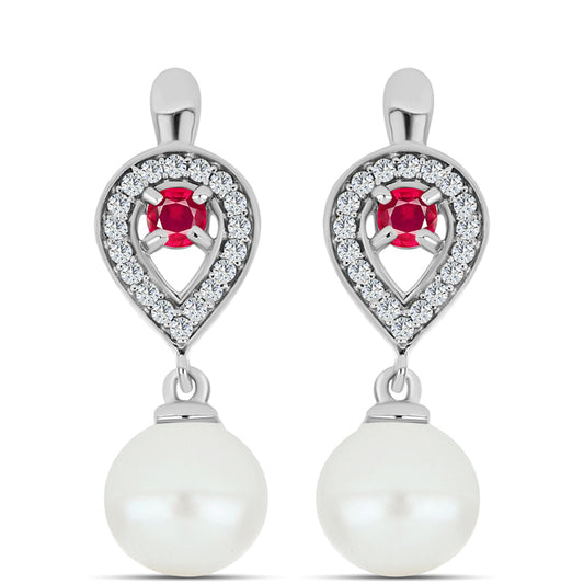 Brincos de Prata com Rubi de Madagáscar e Pérola de Água Doce Branca