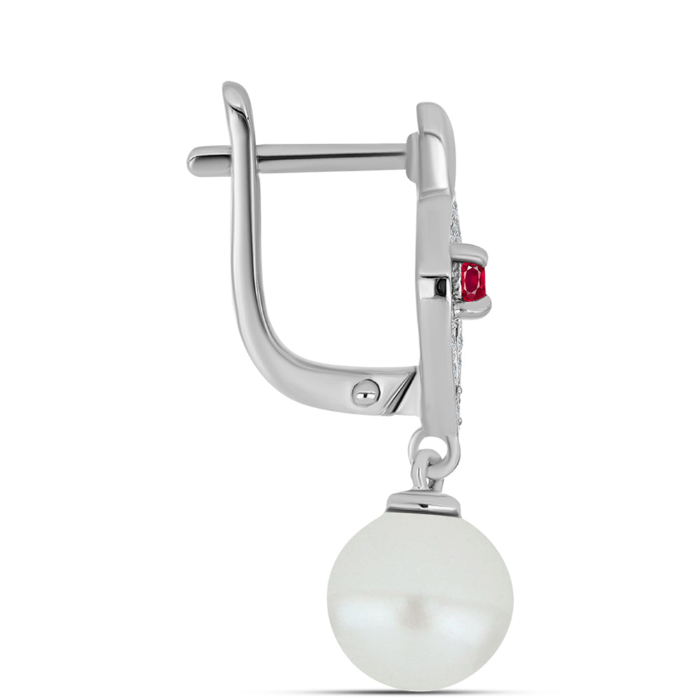 Brincos de Prata com Rubi de Madagáscar e Pérola de Água Doce Branca 2 
