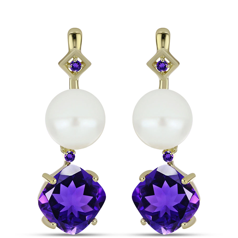 Brincos de Prata com Banho de Ouro com Ametista de Marrocos e Pérola de Água Doce Branca 1 