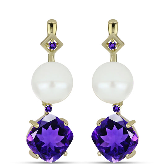 Brincos de Prata com Banho de Ouro com Ametista de Marrocos e Pérola de Água Doce Branca