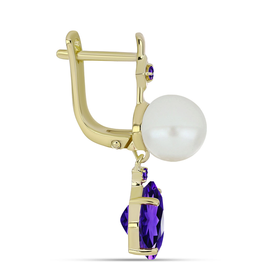 Brincos de Prata com Banho de Ouro com Ametista de Marrocos e Pérola de Água Doce Branca 2 