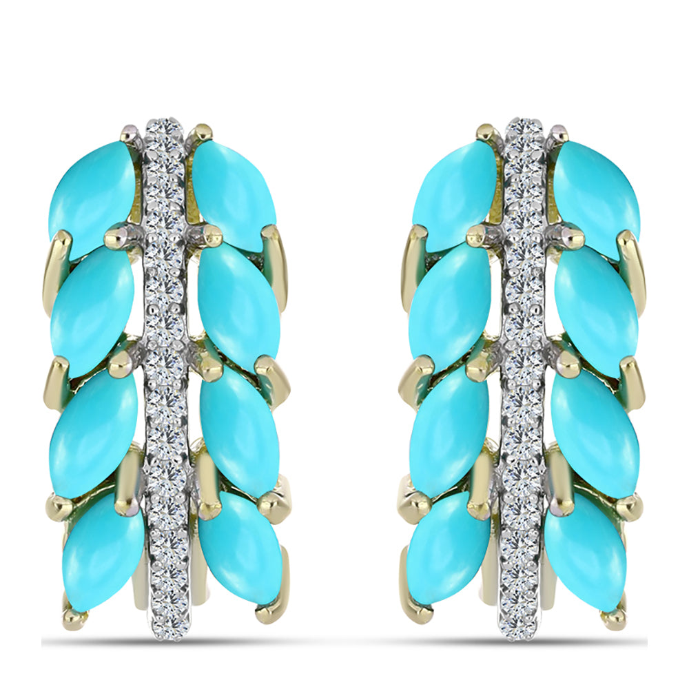 Brincos de Prata com Banho de Ouro com Turquesa Bela Adormecida e Topázio Branco