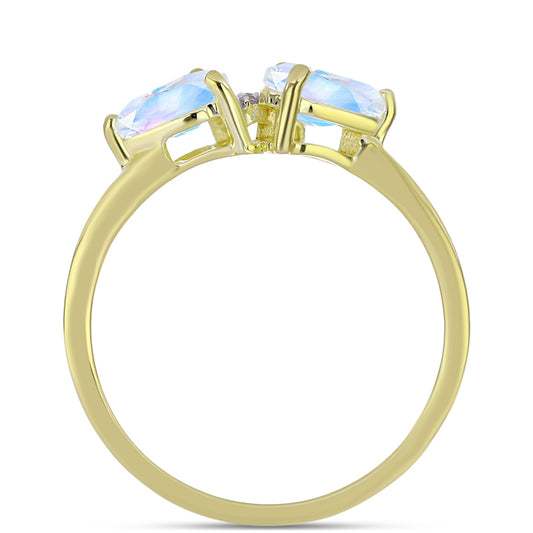 Anel de Prata com Banho de Ouro com Pedra da Lua Arco-íris e Topázio Branco