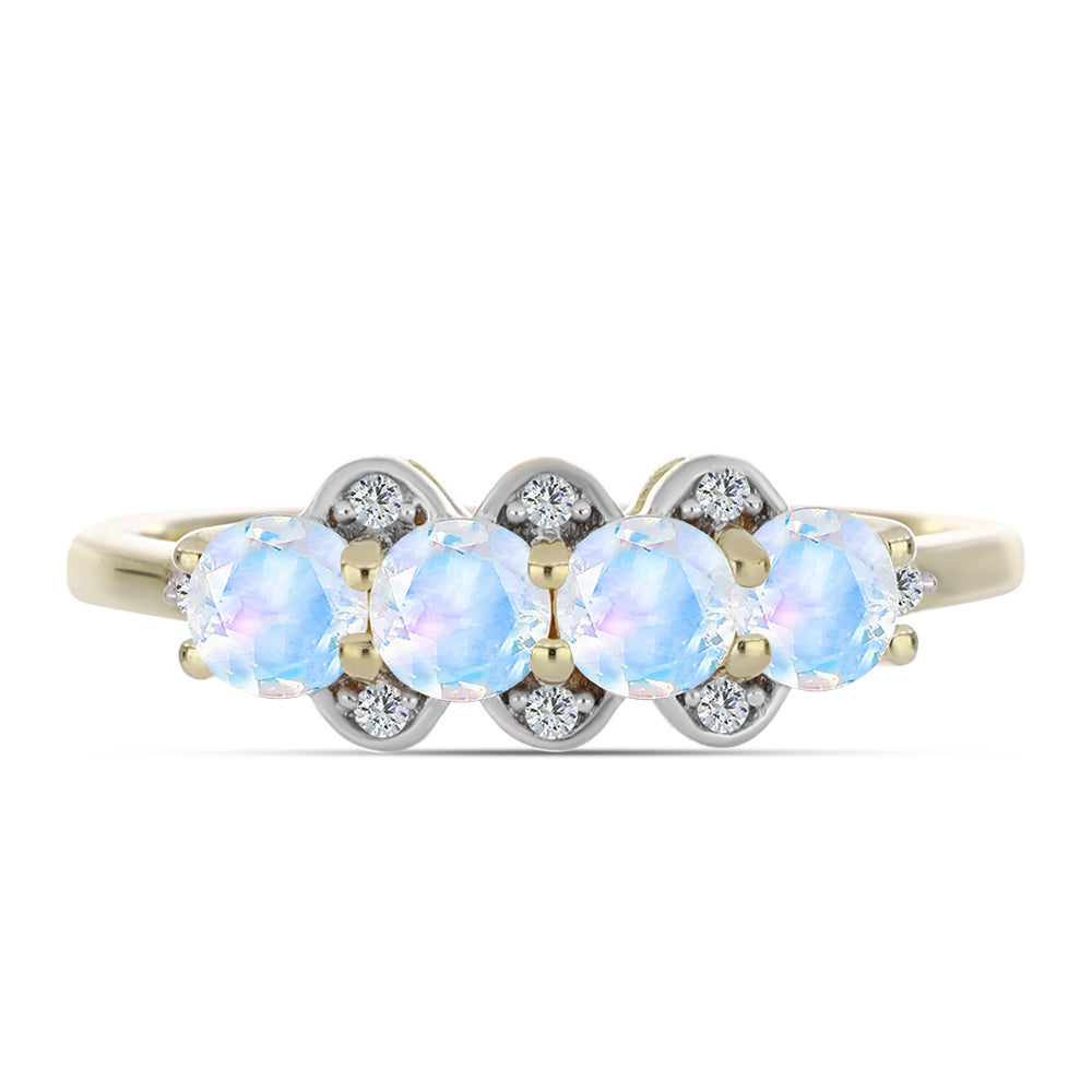 Anel de Prata com Banho de Ouro com Pedra da Lua Arco-íris e Topázio Branco