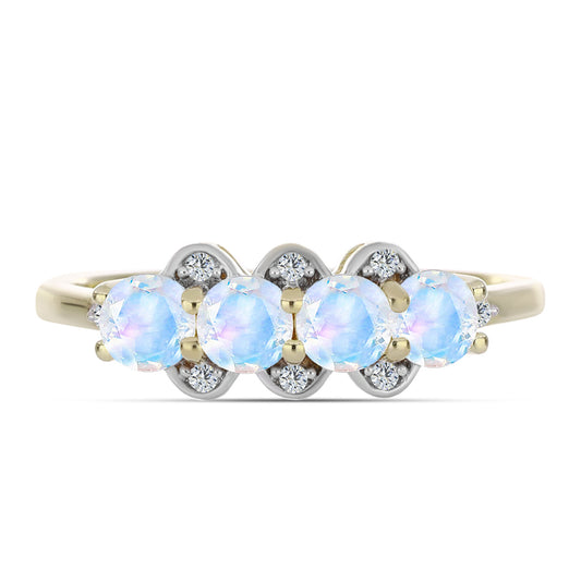 Anel de Prata com Banho de Ouro com Pedra da Lua Arco-íris e Topázio Branco