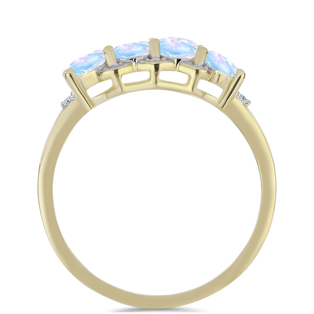 Anel de Prata com Banho de Ouro com Pedra da Lua Arco-íris e Topázio Branco