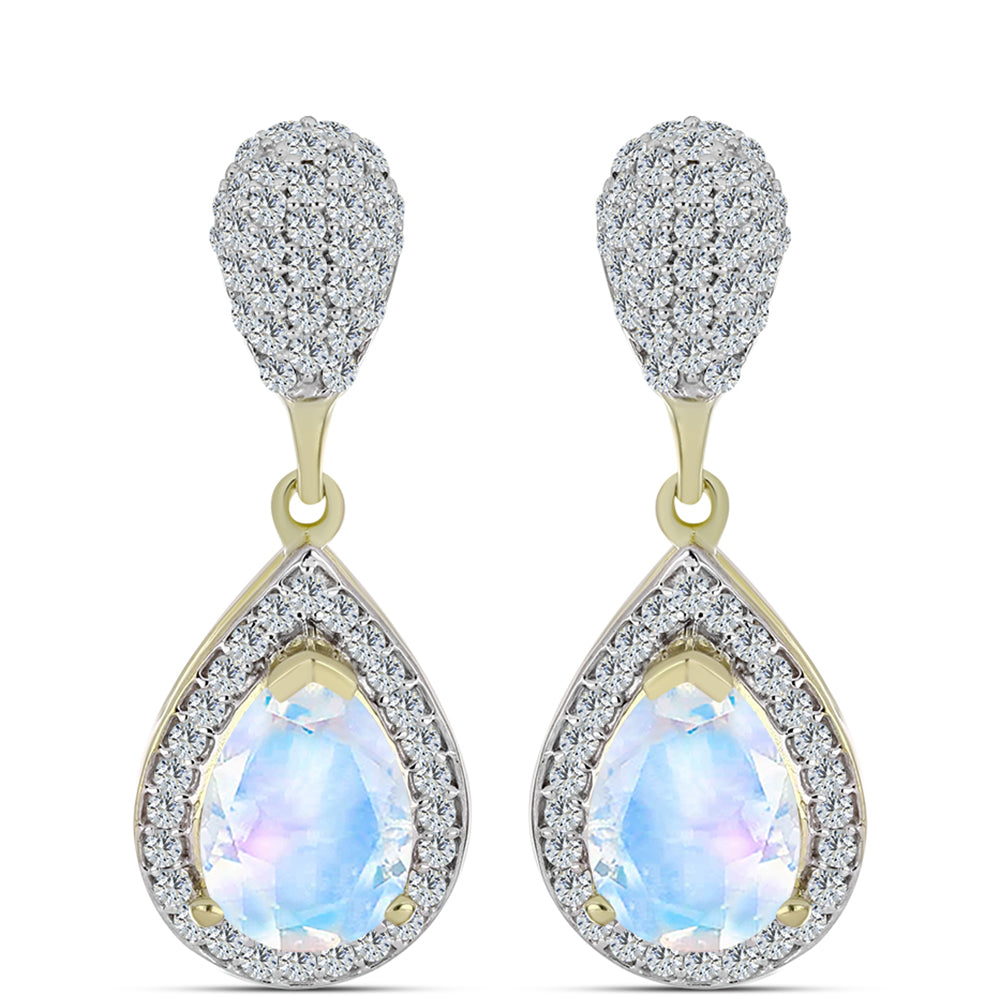 Brincos de Prata com Banho de Ouro com Pedra da Lua Arco-íris e Topázio Branco