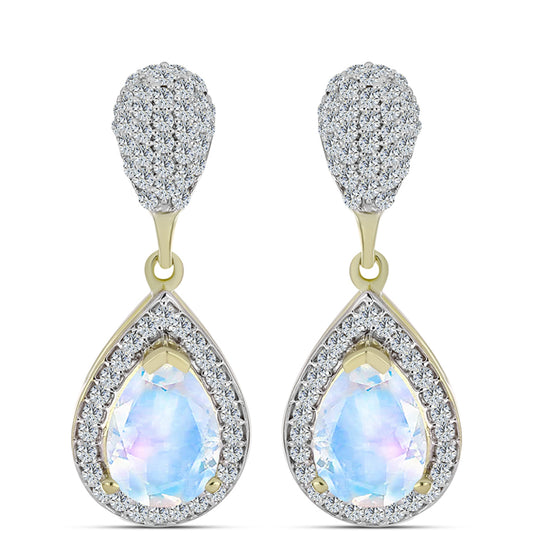 Brincos de Prata com Banho de Ouro com Pedra da Lua Arco-íris e Topázio Branco